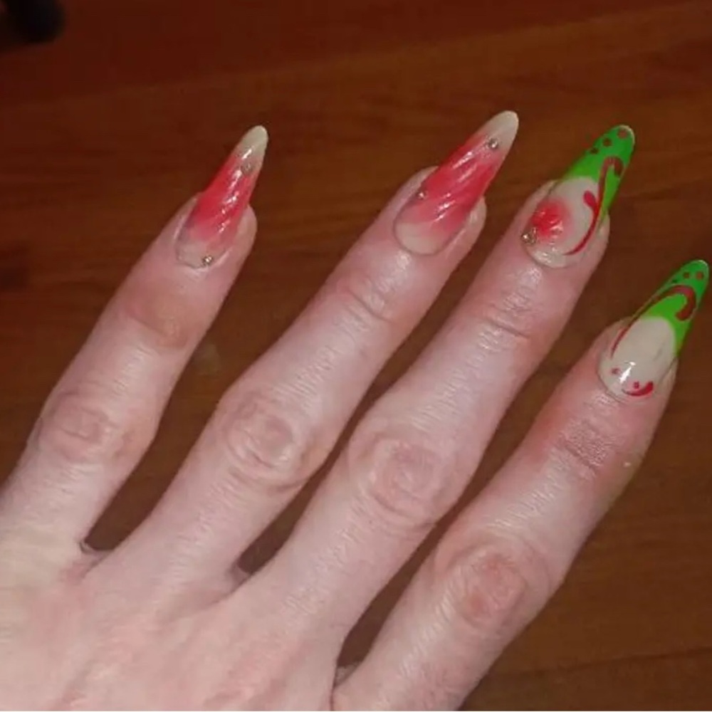 Pink & Green Handmade Press-On Nails Reusable Medium acrylic 3-D NWT - Picture 4 of 8
